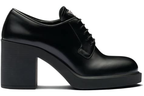 Prada Lace Up 85mm Heels Black Brushed Leather 